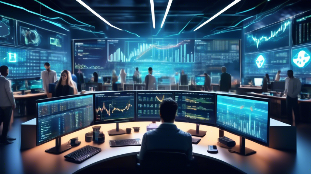 Create an image of a futuristic trading desk filled with multiple computer screens displaying cryptocurrency charts, graphs, and real-time market data. The scene should include a diverse group of people intensely focused, with a background featuring a sleek, modern office environment. Include elements like a digital wallet, blockchain symbols, and a prominent Bitcoin logo. Convey a sense of strategy, concentration, and high-tech sophistication.