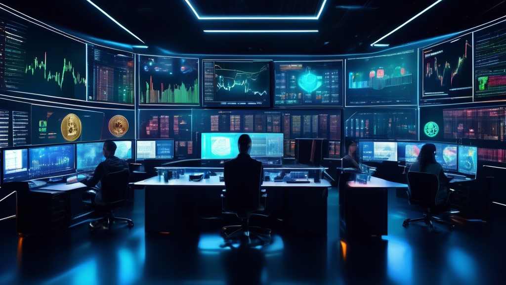 A futuristic digital trading room filled with advanced computer screens displaying cryptocurrency and forex charts. Traders are analyzing data, with vibrant graphs of Bitcoin, Ethereum, and various forex currencies in the background. The setting is high-tech, with holographic interfaces and a sleek, modern aesthetic, capturing the essence of the best crypto forex trading platforms in 2023.