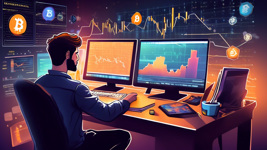 Create an image that depicts a beginner's journey in the crypto stock market. Show a person at a desk, surrounded by books and computer screens displaying crypto charts and stock market data. Include elements like cryptocurrencies logos (Bitcoin, Ethereum), a rising stock market graph, and a roadmap or guidebook titled 'Beginners Guide to Crypto Trading.' The atmosphere should be motivational and educational, with a futuristic, tech-savvy vibe.