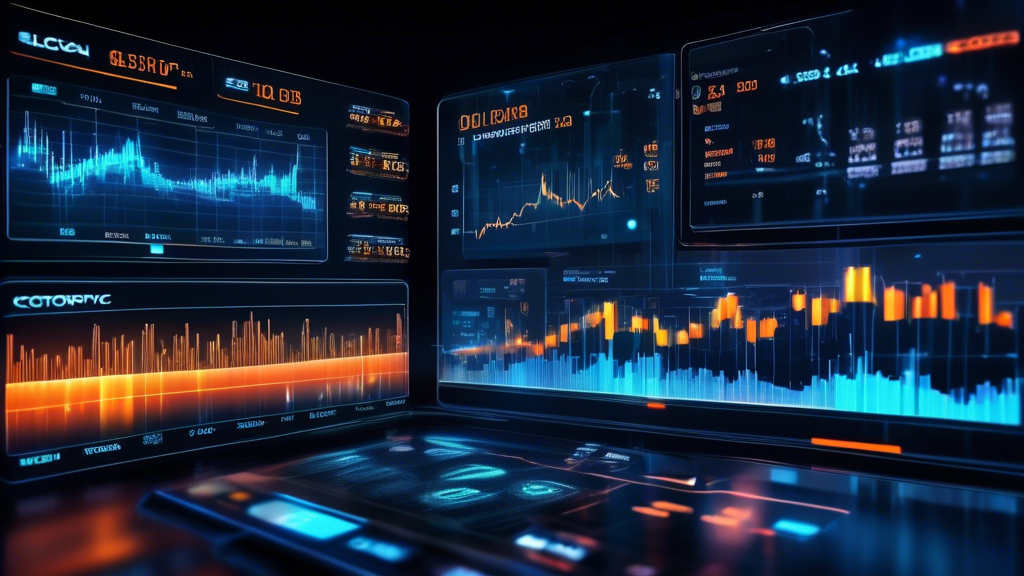 A futuristic digital dashboard displaying live cryptocurrency prices and charts in real-time, with vibrant colors and holographic effects in a sleek, modern financial hub.