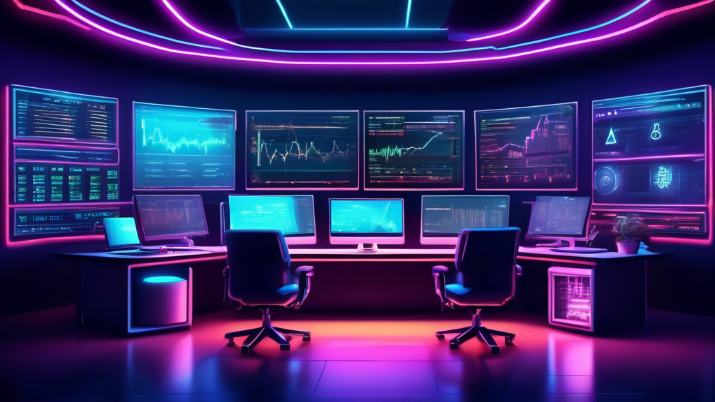 Create a highly detailed digital illustration of a modern trading room with multiple large screens displaying real-time crypto charts. The scene is bustling with focused traders analyzing the data on their laptops and screens. Include various cryptocurrencies like Bitcoin, Ethereum, and Litecoin with constantly updating graphs and numbers. Emphasize a high-tech, futuristic atmosphere with neon lighting and a sophisticated network of connected devices highlighting the rapid pace and advanced technology in the world of cryptocurrency trading.