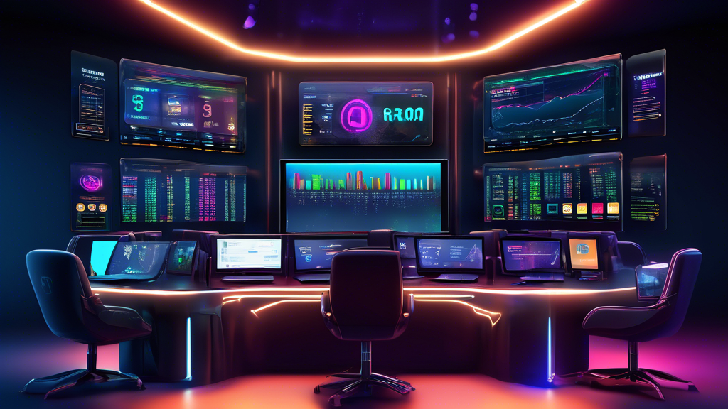 Create an image showing a futuristic, high-tech trading desk with multiple screens displaying various cryptocurrency trading platforms. Each screen should prominently feature logos and interfaces of top trading platforms like Binance, Coinbase, Kraken, and Gemini. The setting should be modern, sleek, and infused with vibrant colors to convey the dynamic nature of cryptocurrency trading. Include subtle elements like a digital clock showing the year '2023' and floating holographic charts to emphasize the advanced technology and real-time trading.