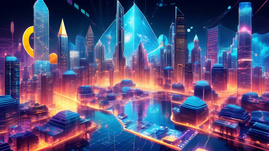 Create an intricate digital illustration depicting the dynamics of the cryptocurrency market: show a futuristic cityscape where holographic graphs and charts float in the sky above skyscrapers, each representing different cryptocurrencies like Bitcoin, Ethereum, and others. Include a vibrant stock exchange-like atmosphere with traders analyzing data on transparent screens, and digital coins flowing like rivers through the city, symbolizing the fluid and volatile nature of the market. The color scheme should blend neon blues, greens, and golds to evoke a sense of modernity and high-tech financial activity.