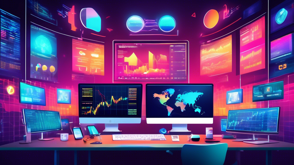 Create an image illustrating a vibrant and dynamic scene that compares Forex trading and Cryptocurrency trading. On one side, depict a traditional Forex trading desk with multiple computer screens showing currency exchange rates, charts, and financial news, representing global markets and fiat currencies such as EUR, USD, and JPY. On the other side, illustrate a digital Cryptocurrency trading setup, featuring symbols of popular cryptocurrencies like Bitcoin, Ethereum, and blockchain technology icons, with a futuristic, cybernetic aesthetic. Contrast the two scenes to highlight the differences in trading environments and technological elements.