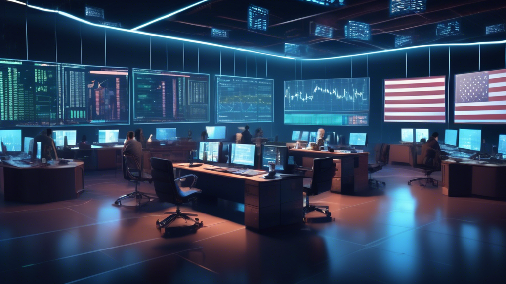 Create an image depicting a futuristic financial trading room focusing on cryptocurrency futures. Show professional traders at desks with multiple monitors displaying real-time crypto charts, blockchain data, and trading platforms. Include iconic cryptocurrency symbols like Bitcoin, Ethereum, and Solana. The atmosphere should be high-tech and modern, reflecting a clean, organized space with a U.S. flag subtly present in the background.