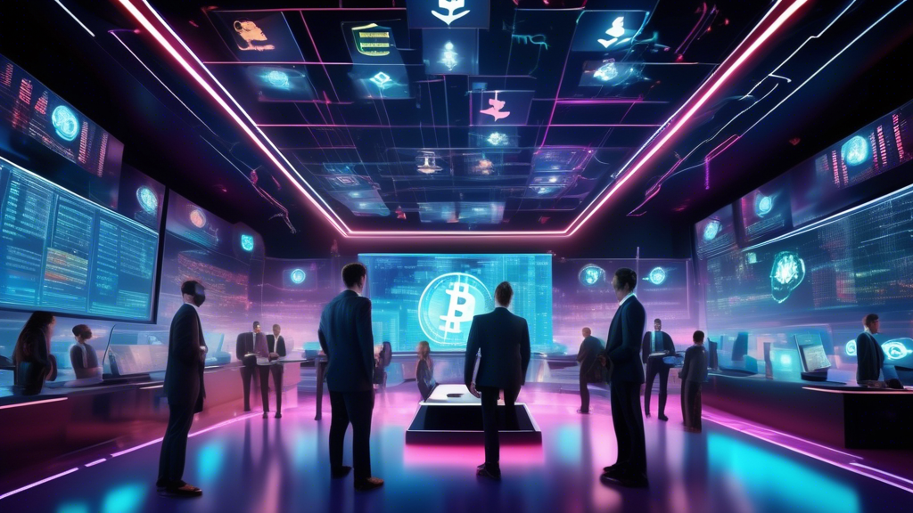 A futuristic digital trading floor with vibrant, floating holograms showcasing various cryptocurrency symbols like Bitcoin and Ethereum. Traders in sleek, modern attire are interacting with advanced touchscreens displaying complex charts and futures contracts. The backdrop includes elements of the USA, such as the American flag subtly integrated into the design. The atmosphere is bustling with high-tech energy and financial excitement.