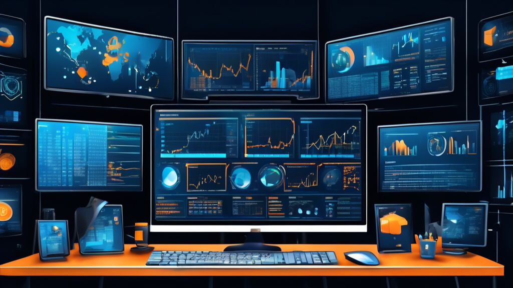 Create a detailed illustration of a professional workspace featuring multiple high-definition monitors displaying live cryptocurrency charts, each with various analytics tools and indicators. The background should include modern office elements, and the atmosphere should be vibrant and dynamic, reflecting the fast-paced nature of the crypto trading world.