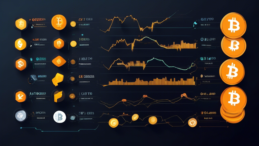 Create a detailed infographic that visualizes the concept of comparing different cryptocurrencies using a ranking system. The infographic should include icons representing various cryptocurrencies like Bitcoin, Ethereum, and Litecoin, displayed on a graph or chart with a ranking scale. Highlight key metrics such as market cap, trading volume, and price trends. The background should be tech-themed with a sleek, modern design incorporating blockchain elements and digital currency symbols. Text labels should be clear, informative, and visually engaging to help viewers understand how Coinranking aids in cryptocurrency comparison.