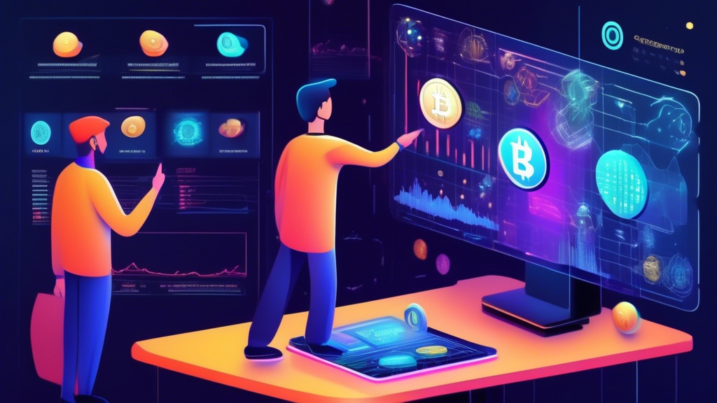 Create an illustration that simplifies the concept of cryptocurrency market cap for beginners. Picture a futuristic digital marketplace with diverse coins, each representing different cryptocurrencies like Bitcoin, Ethereum, etc. Above each coin, show its market cap value in a futuristic holographic display. In the center, place a teacher explaining the concept to a group of curious onlookers, using a large chart comparing market caps of various cryptocurrencies. Make the scene vibrant, informative, and engaging, with subtle elements that highlight the innovative nature of blockchain technology.