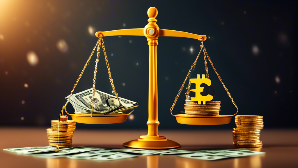 Create an image depicting a balance scale with symbols of fear (such as a scared face emoji) on one side and symbols of greed (such as a stack of money or a greedy face emoji) on the other side. The background should feature various cryptocurrency symbols like Bitcoin, Ethereum, and other digital coins, along with a graph showing market fluctuations. The scene should symbolize the fluctuation and balancing act that investors face in the cryptocurrency market.