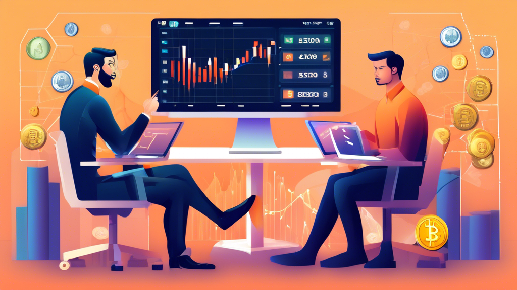 Create a detailed illustration showcasing the differences and strategies of Forex trading versus Cryptocurrency trading. On one side, depict elements like currency pairs (USD/EUR), traditional stock market graphs, a trader analyzing financial news, and icons of central banks. On the other side, show cryptocurrency symbols (Bitcoin, Ethereum), blockchain technology, a trader using a mobile app, and decentralized finance (DeFi) interfaces. Use contrasting colors to clearly differentiate between the two trading worlds.