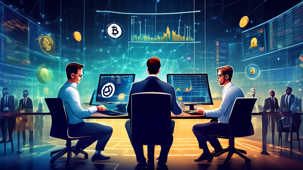 Create a detailed illustration showing a contrast between the traditional stock market and the cryptocurrency market. On one side, depict a classic financial setting with stock brokers in suits, Wall Street buildings, and traditional stock charts. On the other side, illustrate a modern technological environment with digital currency symbols, blockchain networks, and tech-savvy investors working on laptops and smartphones. Use a split screen or mirroring effect to emphasize the differences and interconnected trends between the two markets.