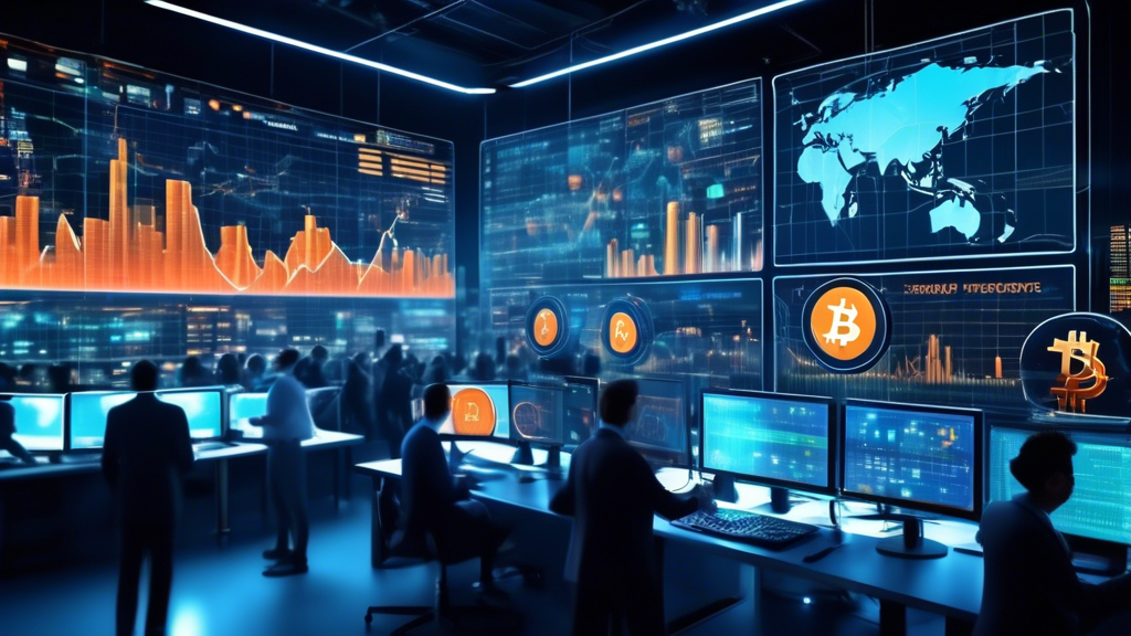 Create an image depicting a bustling digital financial hub with large screens displaying live cryptocurrency prices and stock market charts. Incorporate modern technology elements such as holograms and augmented reality, along with busy traders analyzing data. The overall scene should be vibrant and dynamic, reflecting the fast-paced nature of real-time trading and insights.