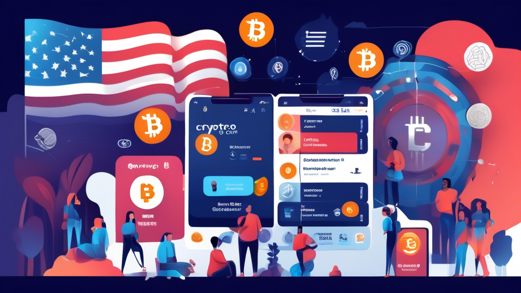 An informative digital illustration of a user-friendly cryptocurrency exchange platform (Crypto.com) tailored for US users. The scene features a diverse group of people accessing and navigating the platform on various devices like smartphones, tablets, and computers. Elements include crypto icons, trading charts, security features, and customer support chat. The backdrop includes the US flag subtly integrated in the design, symbolizing the focus on American users.