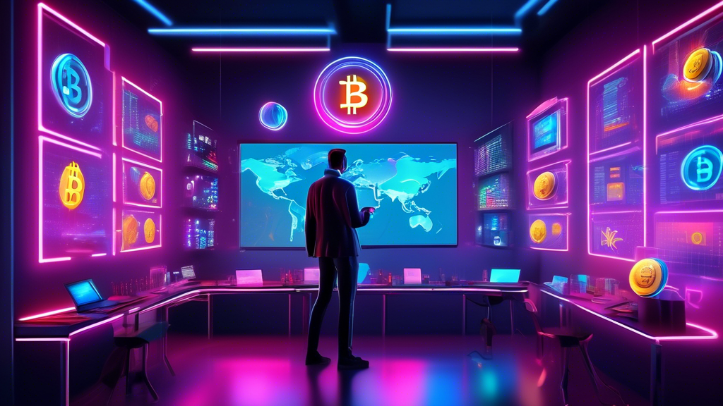 Create a high-tech, futuristic scene of a digital marketplace with vibrant neon lights. Display various cryptocurrency symbols like Bitcoin, Ethereum, and others on holographic screens. Traders are engaged in analyzing charts and data on advanced touch-screen devices. The setting should exude a sense of innovation, energy, and the fast-paced nature of crypto trading on platforms like CMC Markets.