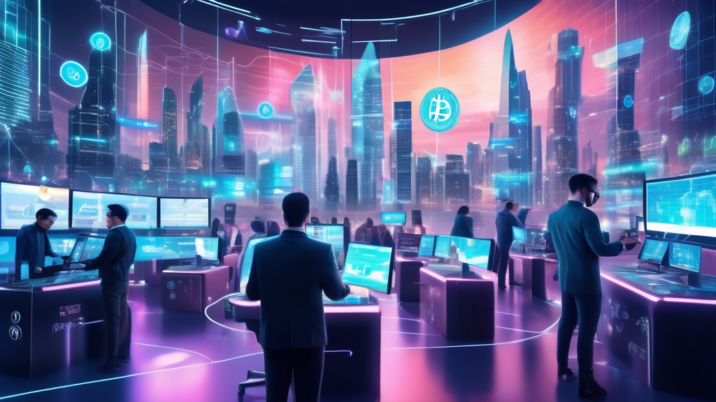 Create an image of a bustling digital marketplace filled with futuristic holographic displays showing live cryptocurrency prices, charts, and trends. Incorporate diverse traders, some using tablets and others with VR headsets, all deeply engaged in analyzing data. In the background, futuristic cityscapes blend seamlessly with blockchain and crypto iconography, capturing the dynamic and ever-evolving nature of the live crypto market.