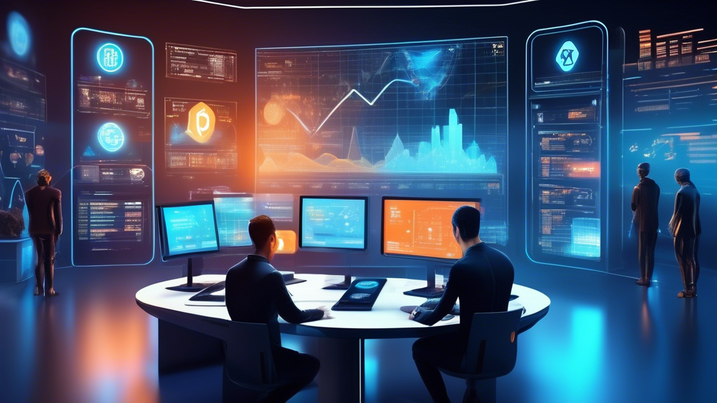 Create a futuristic digital marketplace bustling with activity, where people are trading various cryptocurrencies. The setting should feature holographic displays of crypto charts, digital wallets, and advanced financial technology. Include diverse people interacting with the technology in a high-tech, modern environment that showcases innovation and progress in the world of finance.