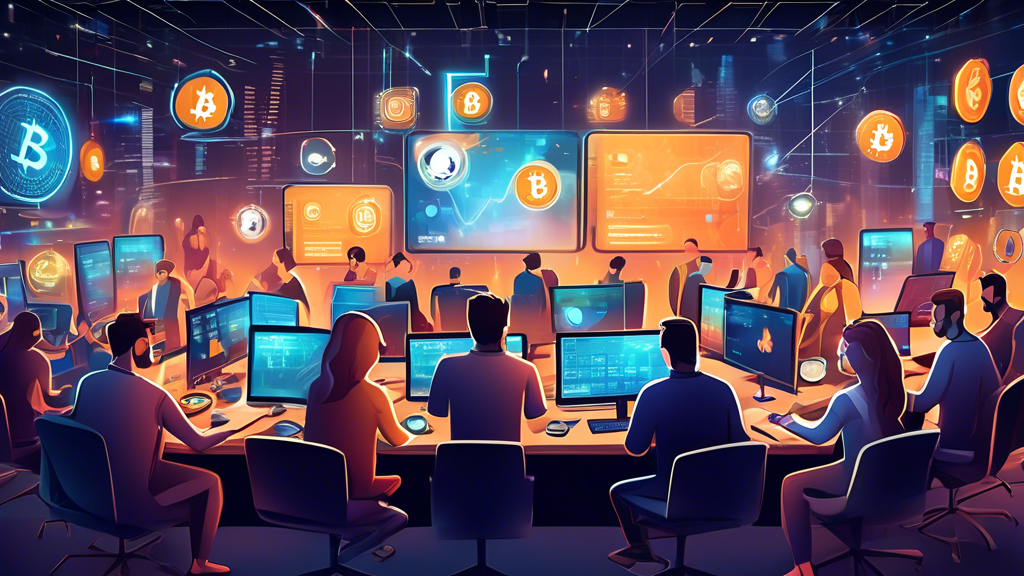 Create a digital illustration of a bustling cryptocurrency trading market. Show diverse traders analyzing fluctuating graphs on multiple large screens displaying various cryptocurrency values. Include symbols like Bitcoin, Ethereum, and other altcoins, with some people discussing trades and others making transactions on laptops and smartphones. The atmosphere should be dynamic and fast-paced, highlighting the complexities and excitement of crypto trading.