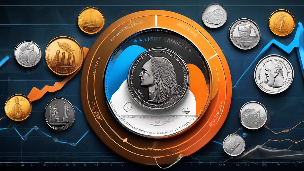 Create an image that illustrates the trends in the coins market, featuring a diverse array of coins from different countries and historical periods. Showcase modern digital currencies alongside traditional metal coins, with a dynamic line graph in the background indicating market trends and fluctuations. Include elements of magnifying glasses and analytical tools to symbolize market analysis and understanding.