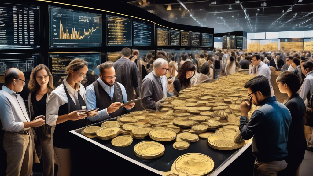 Create an image of a bustling coin market with various gold and silver coins displayed prominently on vendor tables. Include a diverse group of people analyzing and discussing the coins, with some using magnifying glasses and charts. In the background, show a digital screen displaying upward trending graphs and figures, symbolizing the bull run. The overall atmosphere should be vibrant and dynamic, capturing the excitement and intensity of the market.