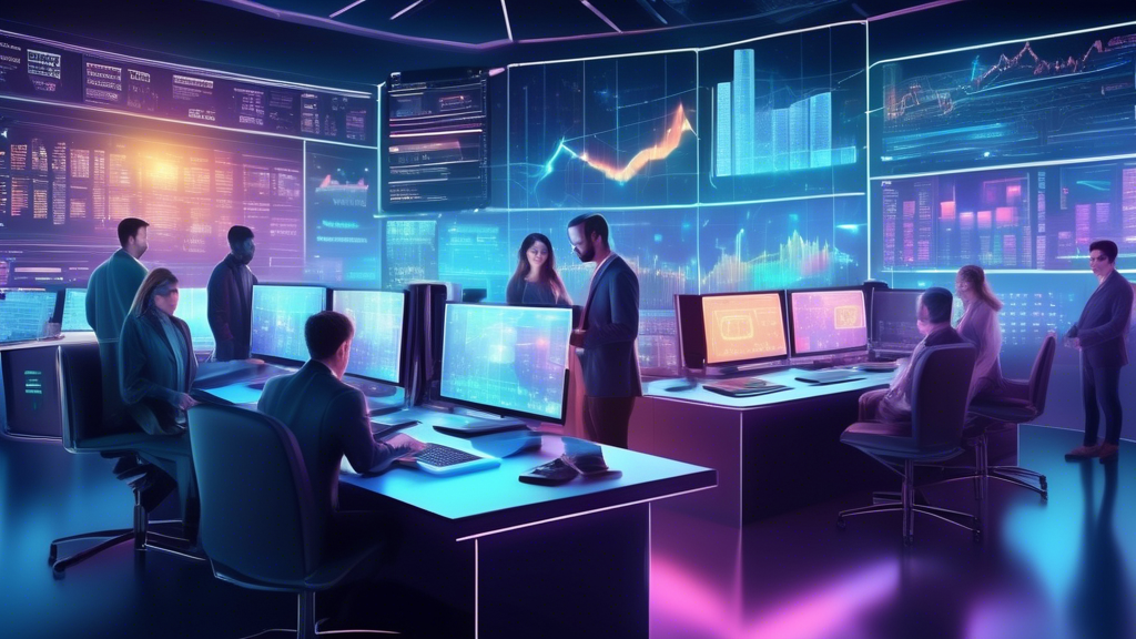 Create a digital illustration of a futuristic trading desk focused on the cryptocurrency market. The foreground features a diverse group of traders intensely analyzing holographic charts, graphs, and crypto symbols. The background showcases a high-tech room with digital ticker boards displaying various cryptocurrency prices and a virtual assistant providing real-time data. Include elements such as blockchain symbols, a mix of bullish (upward) and bearish (downward) trends, and books or documents labeled 'Essential Strategies' to emphasize strategic thinking in crypto trading.