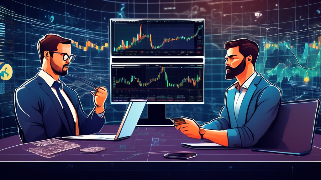 Create an image that shows a split-screen comparison of the Forex market and the Cryptocurrency market. On the left side, depict a traditional trader analyzing forex charts with global currencies like the dollar, euro, and yen. On the right side, illustrate a modern trader working with cryptocurrency symbols such as Bitcoin, Ethereum, and Dogecoin. Include elements of technology, like screens and digital graphs, to highlight the differences and similarities between these two financial worlds.