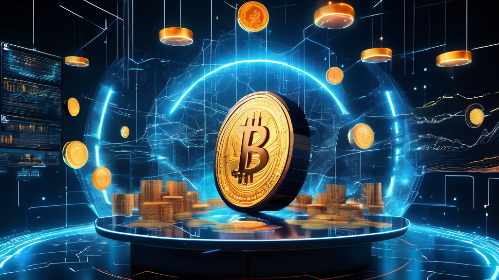 Create an image showcasing a futuristic digital landscape where giant, glowing coins representing the largest cryptocurrencies such as Bitcoin, Ethereum, and Binance Coin float majestically. Surround them with holographic charts and data streams that highlight their market dominance, while a diverse group of people in business attire analyze the information from a sleek, high-tech control center.