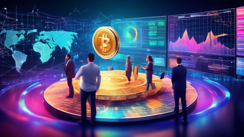 Create an image depicting various cryptocurrencies like Bitcoin, Ethereum, and others, symbolized as shiny coins, interconnected through a dynamic web of data streams and graphs. The background shows a digital marketplace with traders analyzing charts on large futuristic screens. Include elements that represent both bullish and bearish trends, combining a modern, high-tech aesthetic with vibrant colors to capture the ever-evolving nature of the crypto market.