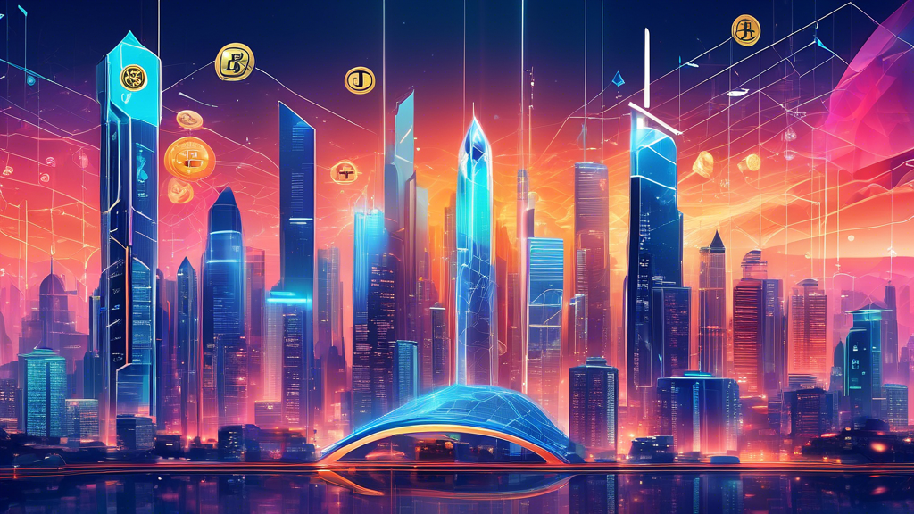 Create a detailed and vibrant digital illustration of a futuristic cityscape with towering skyscrapers emblazoned with the logos of popular cryptocurrency exchanges. Incorporate dynamic charts and graphs in the sky, representing margin trading activity. Include elements like digital coins, blockchain networks, and traders analyzing data on high-tech devices, emphasizing the innovative and fast-paced nature of crypto margin trading in 2023.