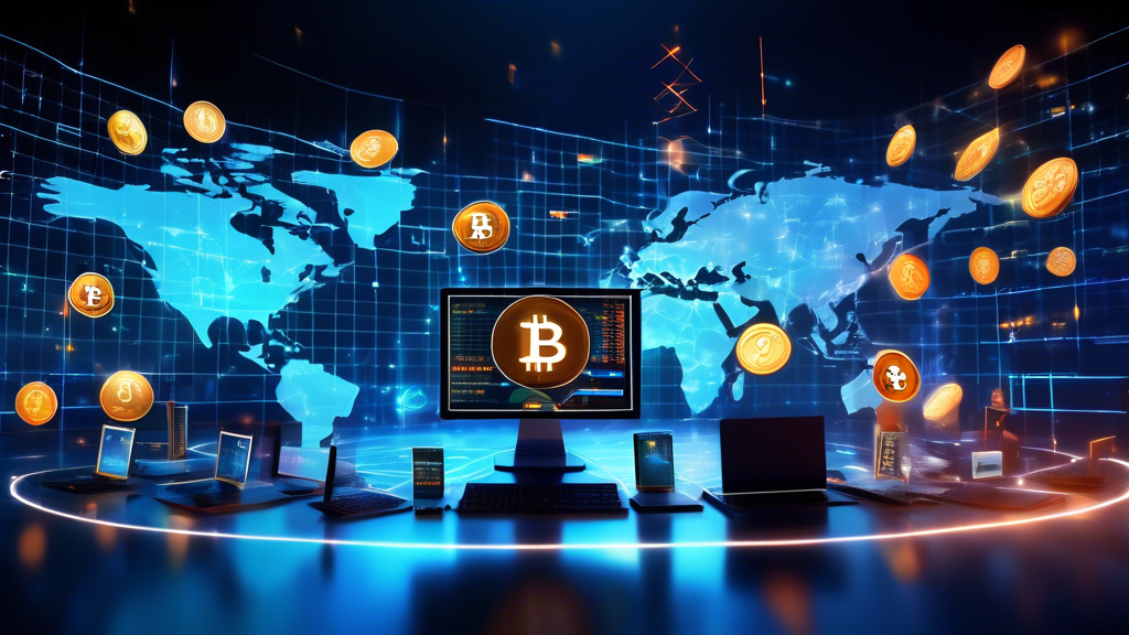 Create an image of a digital marketplace with glowing crypto coins (like Bitcoin and Ethereum) and traditional currency symbols (like dollar and euro signs) floating around a futuristic trading platform. Show traders analyzing charts and graphs on multiple holographic screens. Add a backdrop of a world map grid to represent the global nature of forex and cryptocurrency trading.