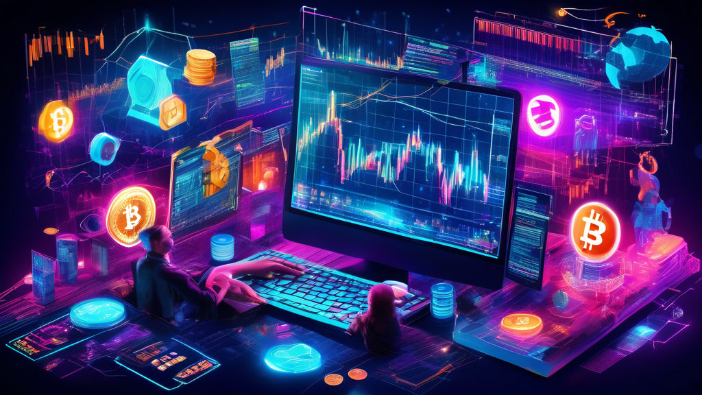 An intricate digital collage featuring a dynamic forex trading scene with vibrant charts and graphs, juxtaposed with cryptocurrency symbols like Bitcoin and Ethereum. Include traders at their desks with a mix of traditional currency symbols (USD, EUR, GBP) and digital elements to represent the fusion of forex trading and cryptocurrency. The background should exude an electric, futuristic vibe with neon accents to symbolize innovation and opportunity.