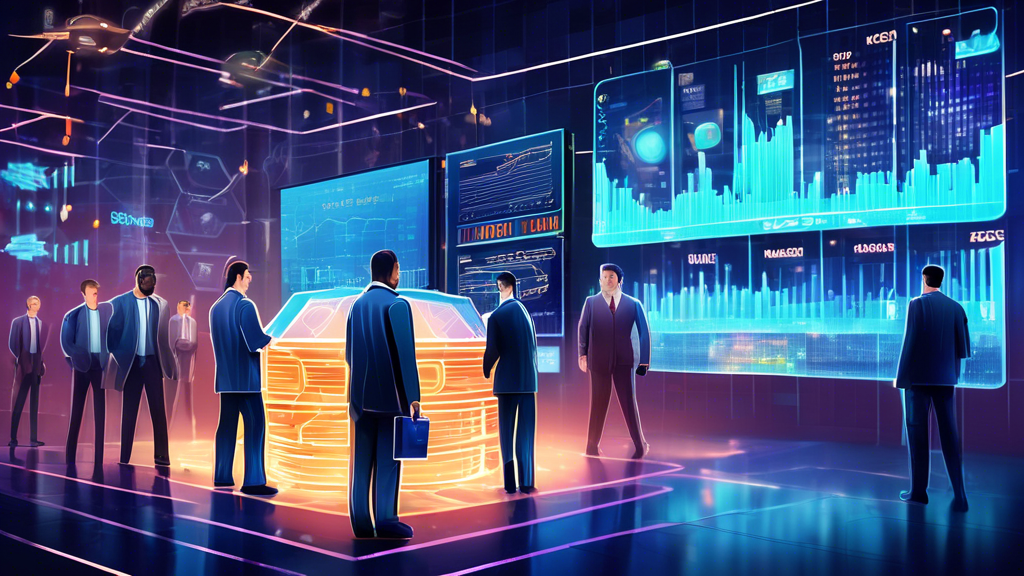 Create an illustrative image depicting the concept of Nasdaq's crypto custody services. Imagine a sophisticated, futuristic vault filled with digital assets, represented as glowing cryptocurrencies like Bitcoin and Ethereum. The vault is secured with advanced technology symbols like biometric scanners and blockchain chains. In the background, a digital stock exchange board shows fluctuating numbers and charts, highlighting Nasdaq's involvement in both traditional and digital finance. The overall atmosphere should convey security, innovation, and the merging of old and new finance worlds.