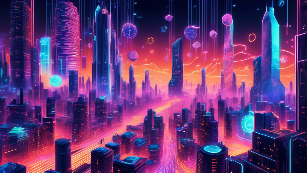 Create an image depicting a futuristic cityscape that symbolizes the dynamics of the cryptocoin market. The scene is bustling with towering skyscrapers shaped like various cryptocurrency icons, such as Bitcoin, Ethereum, and others. Digital streams of binary code flow through the air like neon signs, representing the seamless and continuous exchange of information. In the foreground, a diverse group of people, some in business attire and others in casual wear, are engaged in discussions, trading on laptops and smartphones. This vibrant and technologically advanced environment represents the complex interplay of market forces, innovation, and human interaction within the cryptocoin market.