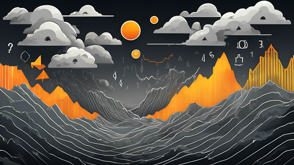 Create an imaginative illustration that visually represents the Fear and Greed Index in crypto markets. Depict two contrasting sides: one side should embody fear, using dark clouds, stormy weather, and elements like downward-trending graphs or people looking worried as they observe crypto prices plummeting. The other side should capture greed, with bright, sunny skies, upward-trending graphs, and investors looking elated, surrounded by piles of coins and digital screens showing soaring prices. Use vibrant colors and dynamic imagery to highlight the volatility and emotional extremes in cryptocurrency trading.