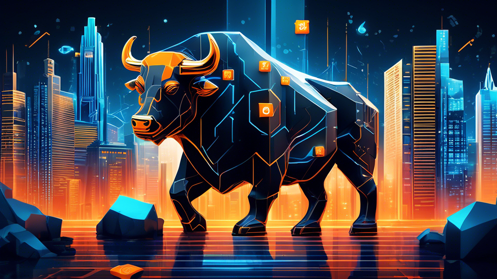 Create an image depicting a vibrant cityscape where the physical architecture merges elements of traditional stock exchange buildings with futuristic crypto mining facilities. Incorporate symbols like the bull and bear representing the stock market, alongside digital currency icons like Bitcoin and Ethereum. The scene should evoke a sense of synergy, showcasing the fusion of historical and modern financial systems.