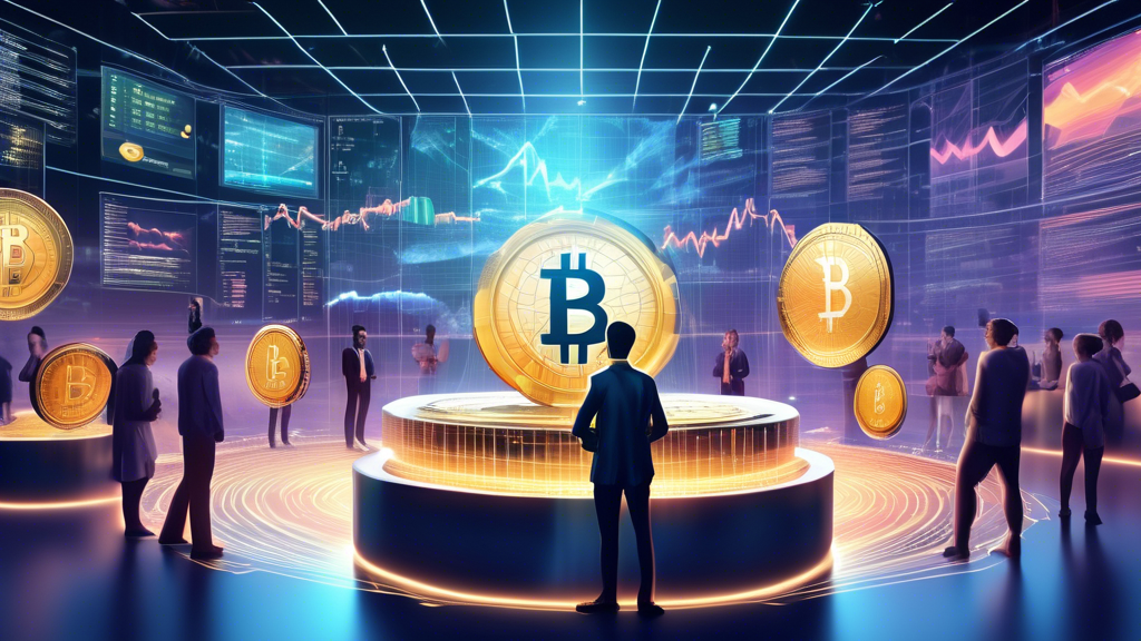 Create an image depicting the dynamic landscape of the cryptocurrency market in 2023. Illustrate a futuristic digital stock exchange with holographic displays of fluctuating cryptocurrency values. Include iconic cryptocurrency symbols like Bitcoin, Ethereum, and Dogecoin, alongside emerging digital currencies. Show a diverse group of people interacting with the technology, analyzing charts, and engaging in virtual transactions. The setting should convey a sense of modernity, innovation, and the fast-paced nature of the current cryptocurrency trends.