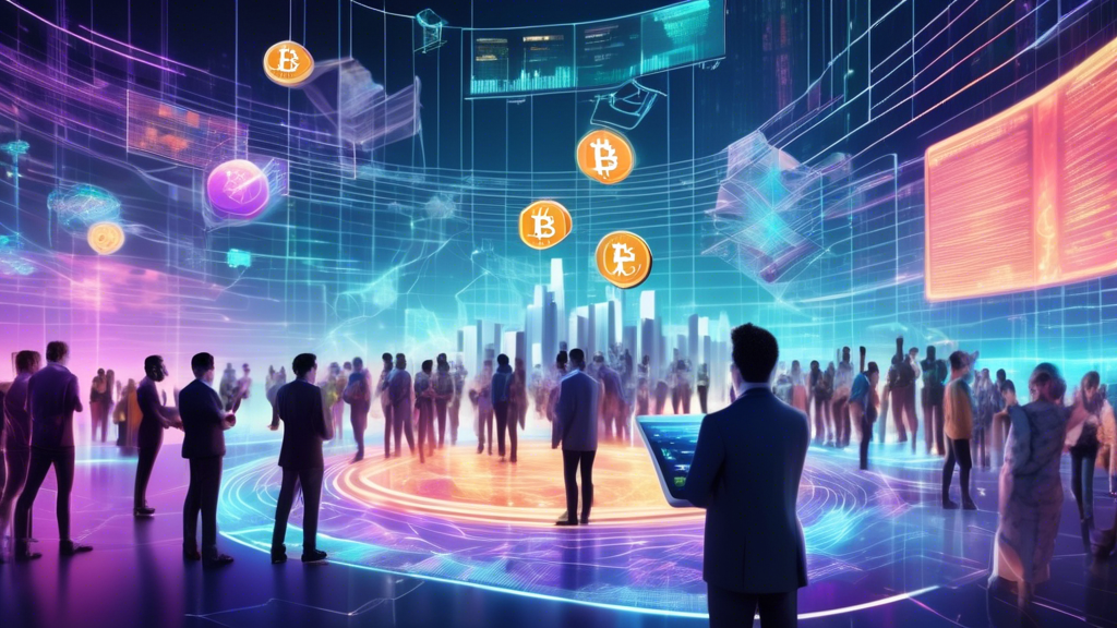 Create an image of a futuristic digital landscape representing a bustling crypto futures exchange. The scene features floating holographic displays showing various cryptocurrency symbols, like Bitcoin and Ethereum, alongside fluctuating graph lines indicating market trends. In the foreground, diverse individuals—each in stylish, modern attire—are engaged in discussions or analyzing data on transparent tablets. The atmosphere is vibrant and high-tech, with a blend of cool blue and neon green hues illuminating the space.