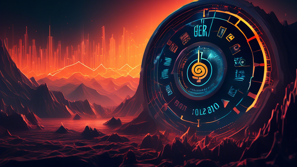 Create an imaginative illustration that visually represents the concept of a Fear Index in the cryptocurrency market. The image should feature a futuristic digital landscape with a prominent gauge or dial labeled Fear Index in the foreground. This dial should have a spectrum ranging from extreme fear to extreme greed, with symbols like Bitcoin, Ethereum, and other crypto logos integrated around it. In the background, display a mix of fluctuating charts and graphs to symbolize market volatility, alongside a diverse group of thoughtful investors analyzing the data, with expressions ranging from caution to curiosity. Incorporate elements of digital currencies and blockchain to emphasize the crypto theme.